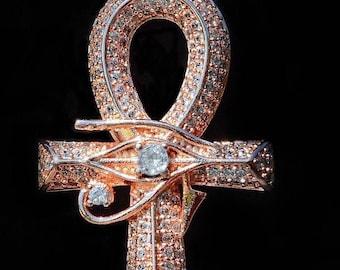 Exquisite ROSE GOLD CZ Ankh & Eye of Horus Pendant Necklace * Unisex Egyptian Jewelry * Spring  Gift * Large Ankh w/ Cubic Zirconia