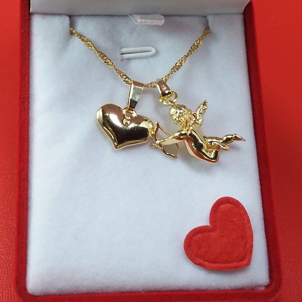 Gold 14kt Cupid w/ Heart Duo Charm Necklace * Gift for Her * Sweetheart Gift * Girlfriend Gift *  Prom Gift * Gold Cupid Duo Necklace