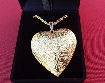 Locket Gold Plated HUGE Heart Photo Locket Pendant on a Rope Chain * Keepsake Jewelry * Gold Brass Heart Locket * Gift for Mom * Mothers Day