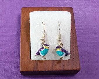 Purple & Green Tiny Bird Dangle Earrings * Gift for Her  * Purple Earrings * Nature Jewelry * Gift for Daughter * Mothers Day * Gift for Mom