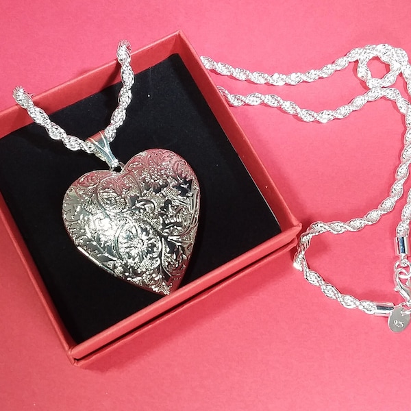 Locket Silver Plated HUGE Heart Photo Locket Necklace on 925 Sterling Rope Chain 60cm *Keepsake Jewelry* Silver Heart Locket *Mothers Day