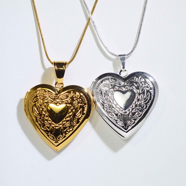 Shiny Heart Photo Locket in Gold or Silver on 45 cm SNAKE Chain* Memory Locket *Keepsake Jewelry * Easter Gift *Daughter Prom Gift * For Mom