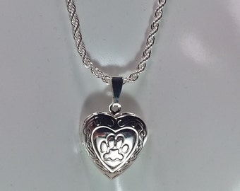 Silver Pet Heart Locket on 925 Silver Rope Chain *Pet Memory Locket *Small Silver Locket * Pet Loss Sympathy Gift * Dog or Cat Memory Locket