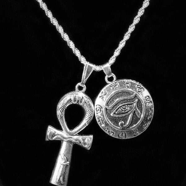 Silver Ankh & Eye of Horus Duo Charm Necklace on Custom Length 925 Silver Rope Chain * Egyptian Jewelry *Afrocentric * Birthday Gift Idea