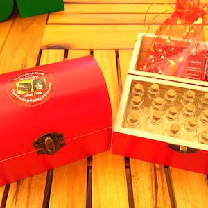 May include: A red wooden chest with a metal latch and a circular sticker reading TheHealingGypsy DIY POTION KIT HAVE FUN. Beside it, an open red wooden box contains eighteen small glass vials with cork stoppers and a red organza drawstring bag.