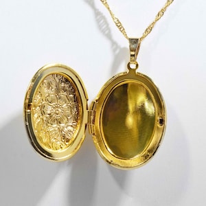Gold Oval Photo Locket Necklace by The Healing Gypsy *Floral Engraved Keepsake Jewelry * Chain of Choice * Gift for Her* Gift Ready