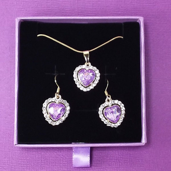 Lilac Crystal Heart Necklace & Earrings * Violet Crystal Heart Jewelry Gift Set * Girlfriend * Prom Gift  * Mothers Day * Gift for Her