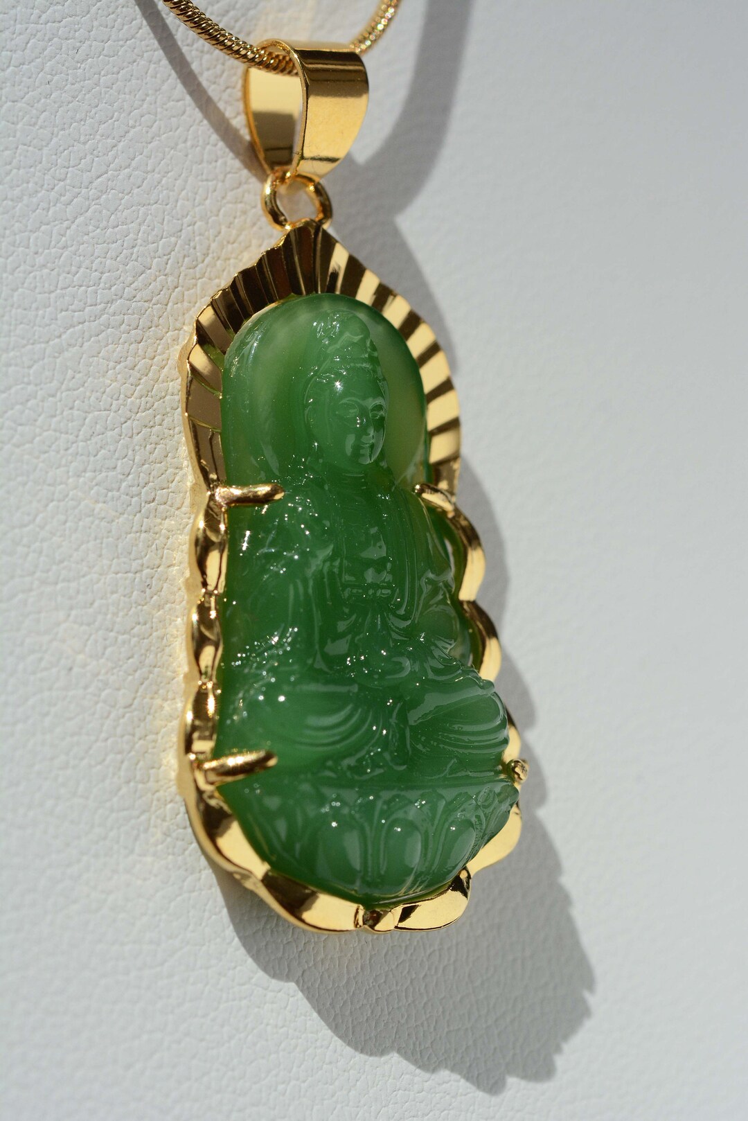Kuan Yin Green & Gold Necklace Quan Yin Pendant Necklace Jewelry