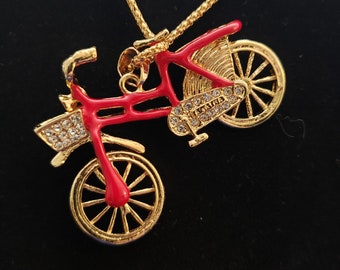 Betsy Johnson Bicycle Pendant with Chain Red Enamel and Rhinestones