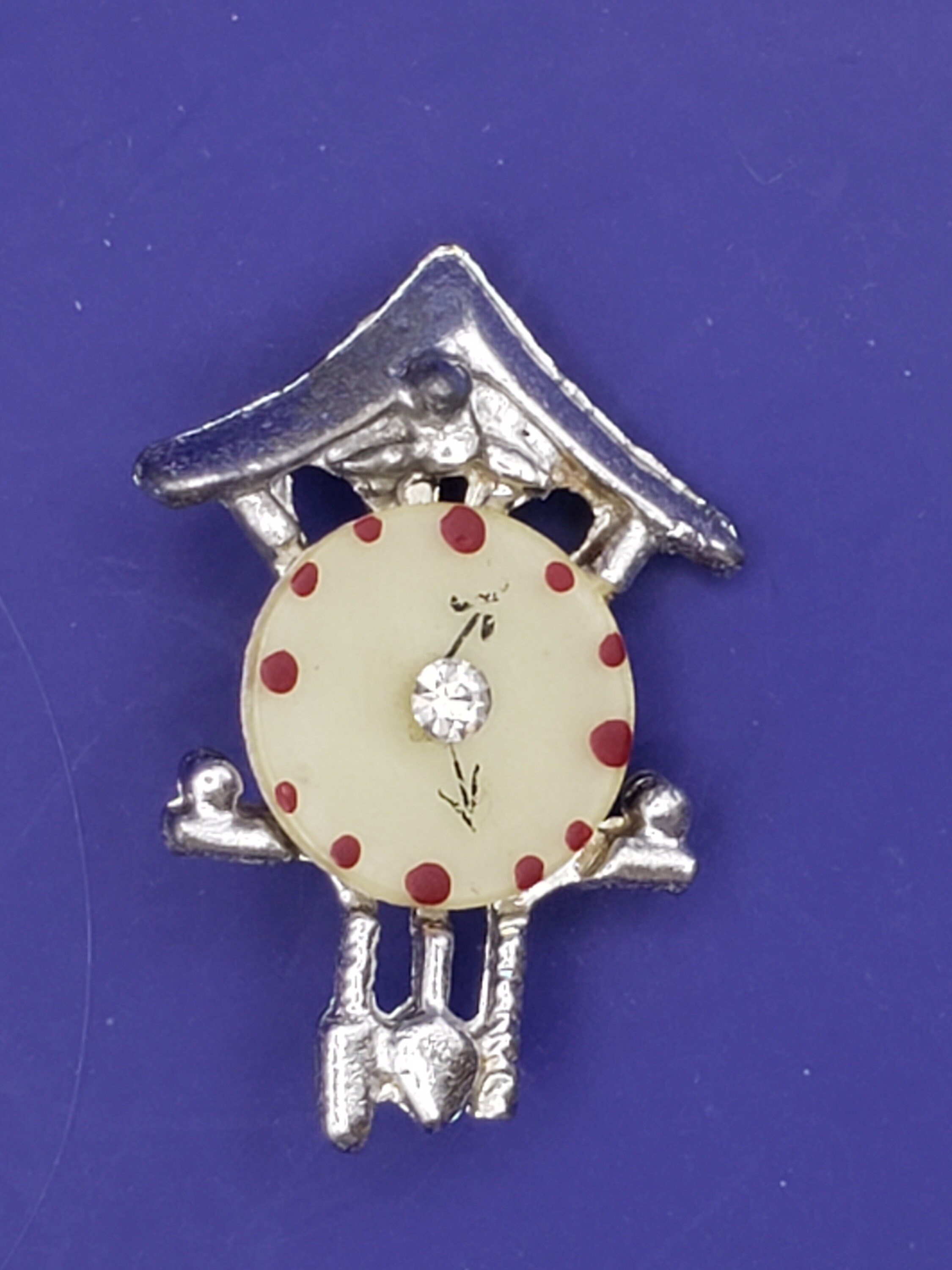 Cuckoo Clock Pin Brooch Rhinestone Center