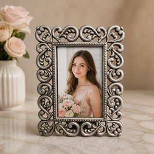 May include: A rectangular silver-toned picture frame featuring an ornate, raised scrollwork border with a beaded inner edge. The frame contains a photograph of a person with long brown hair holding a bouquet of light pink and white roses.