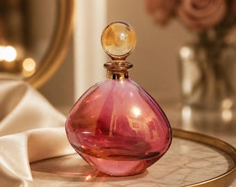 Vintage Gradient Iridescent Pink Perfume Bottle with Yellow Stopper Glass