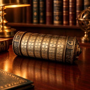 May include: A cylindrical cryptex puzzle box made of aged brass-toned metal. The device features five rotating rings, each engraved with the letters of the alphabet in a vertical sequence. The end caps are decorated with dark, etched scrollwork patterns.