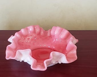 Vintage Fenton Hotmail Ruffle Cand Dish Bowl - Pink White
