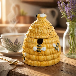 Könnte beinhalten: Ein gelber Keramik-Honigtopf in Form eines traditionellen Bienenstocks mit strukturierter Oberfläche, erhabenen Bienenfiguren, einem abnehmbaren Deckel mit kleinem Griff und einer runden Öffnung an der Seite für einen Löffel.