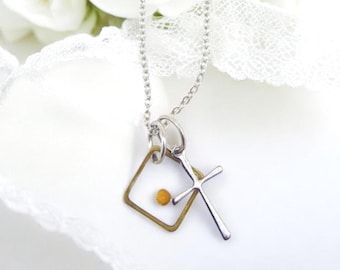 Mustard Seed Cross Necklace, Resin Charm, Christian Jewelry