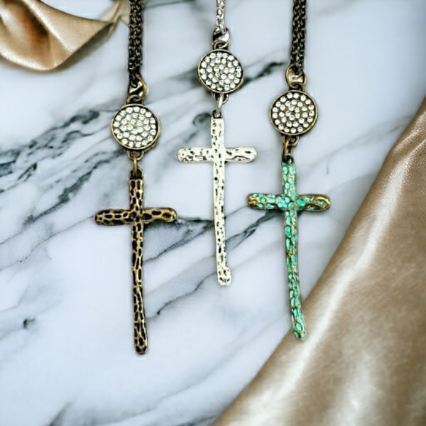 Rhinestone Cross Necklace, Hammered Cross Necklace, Long Cross Necklace, Layering Necklace, Faith Necklace, Cross GIft, Faith Jewelry