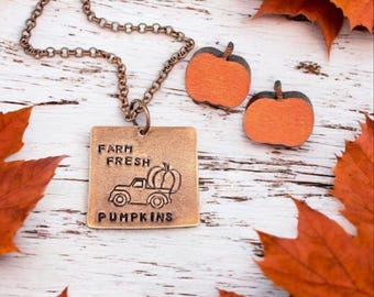 Handmade Fall Necklace and Earring Set, Farm Truck, Wood Pumpkin Studs
