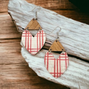 Red Plaid Cork Leather & Wood Earrings, Boho Fringe Earrings