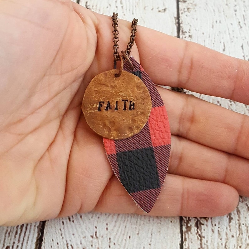 Leather Pendant Necklace Buffalo Plaid Leather Necklace Hand Stamped Faith Necklace Custom Hand Stamped Necklace