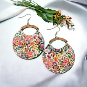 Round Leather and Wood Earrings, Floral Dangles, Faux Embroidery Leather Earrings, Flower Earrings, Handmade Jewelry, Statement Earrings