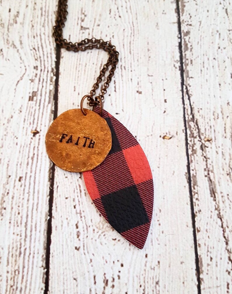 Leather Pendant Necklace Buffalo Plaid Leather Necklace Hand Stamped Faith Necklace Custom Hand Stamped Necklace