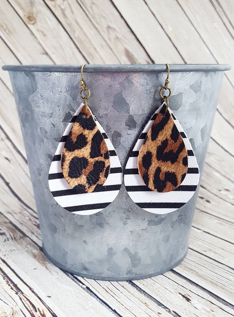 Cheetah Leather Earrings Teardrop Leather Earrings Animal Print Leather Earrings Statement Earrings Double Layered Leather Earrings