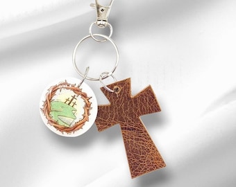 Easter Cross Key Chain, Leather Cross Key Chain