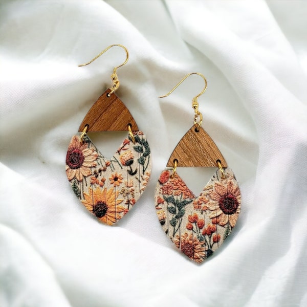 Fringed Leather and Wood Earrings, Fall Floral Dangles, Faux Embroidery Leather Earrings, Sunflower Earrings, Handmade Jewelry, Gift for Her