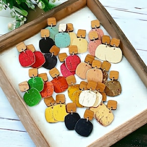 Mini Leather Earrings, Leather Cork Earrings, Leather and Wood Earrings, MInimalist Earrings, Small Geometric Earrings, Custom Earrings