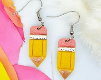 Handmade Pencil Earrings: Polymer Clay Teacher Dangles