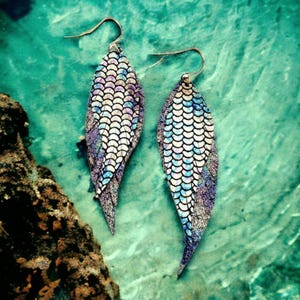 Iridescent Leather Earrings, Iridescent Mermaid Earrings, Layered Feather Earrings, Statement Jewelry, Boho Fringed Earrings, Gift For Her
