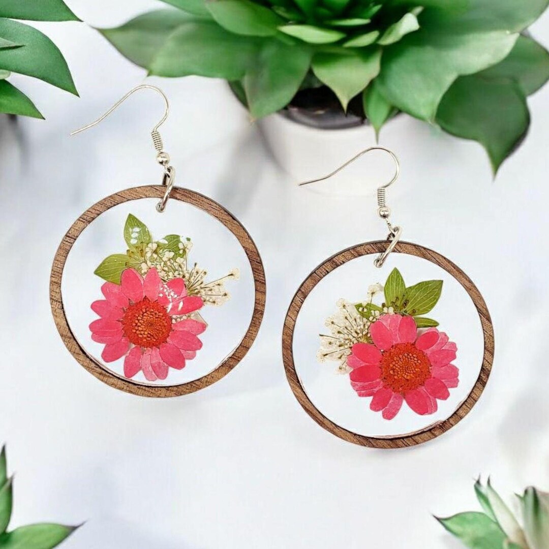 Unique Resin Ear Rings Handmade Resin Earrings, Dried Pink Wildflower, Boho Wood Dangles - Etsy