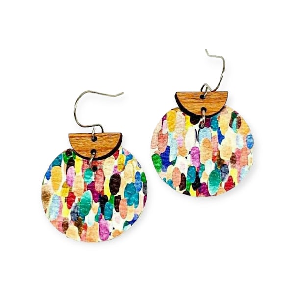 Confetti Rainbow Leather and Wood Earrings, Multicolored Leather Earrings, Round Geometric Earrings, Modern Boho Earrings, Bright Earrings