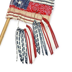 4th of July Earrings, American Flag Earrings, USA Leather Fringe Earrings, Stars and Stripes Tassels, Red White and Blue Earring Dangles