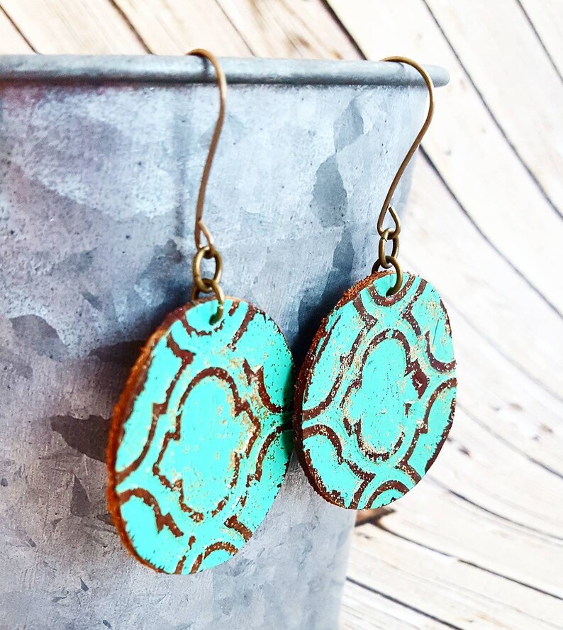 Round Leather Earrings Hand Painted Leather Earrings Leather Dangles Turquoise Leather Earrings Distressed Leather Earrings