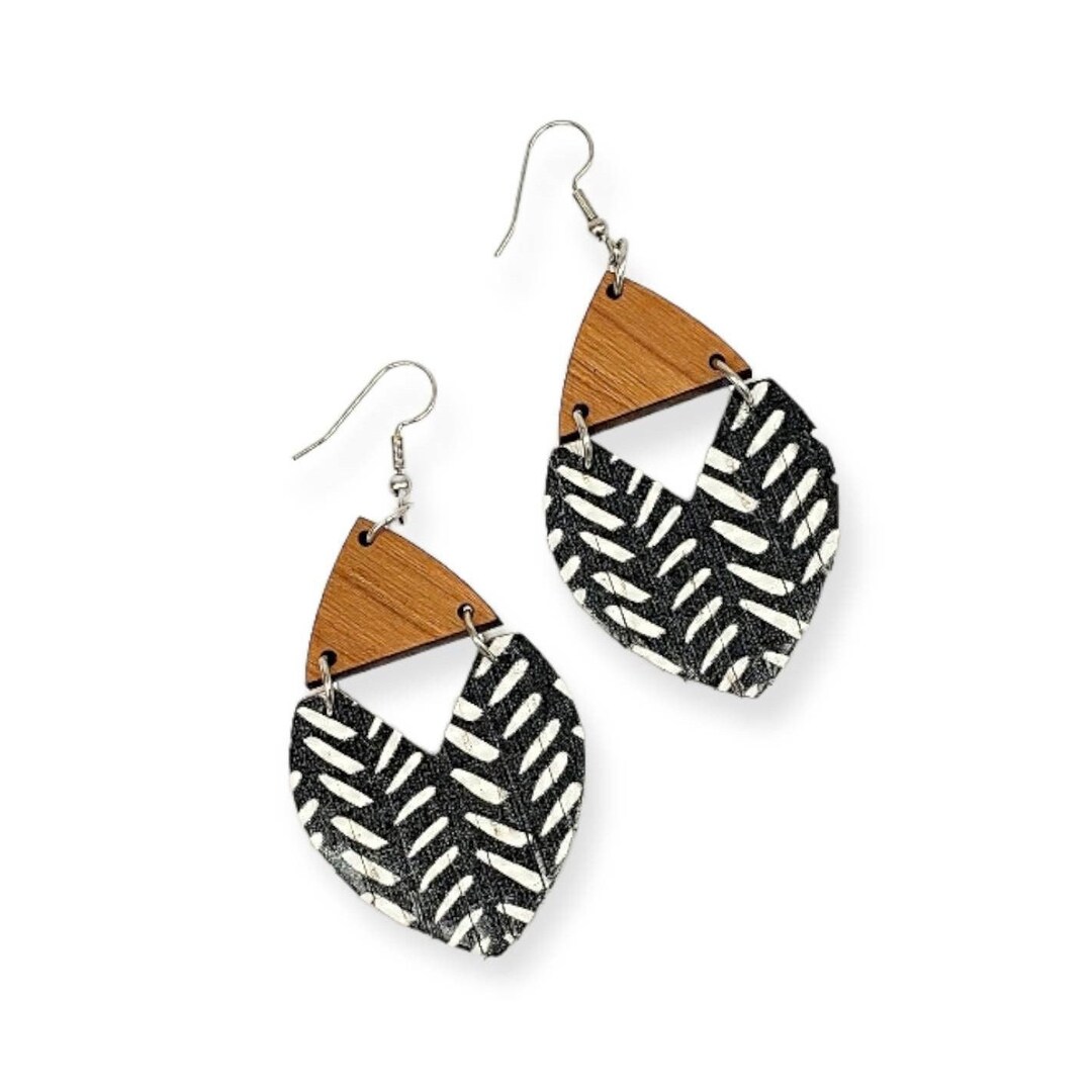 Black Cork Leather and Wood Earrings, Leather Fringe Earrings, Black