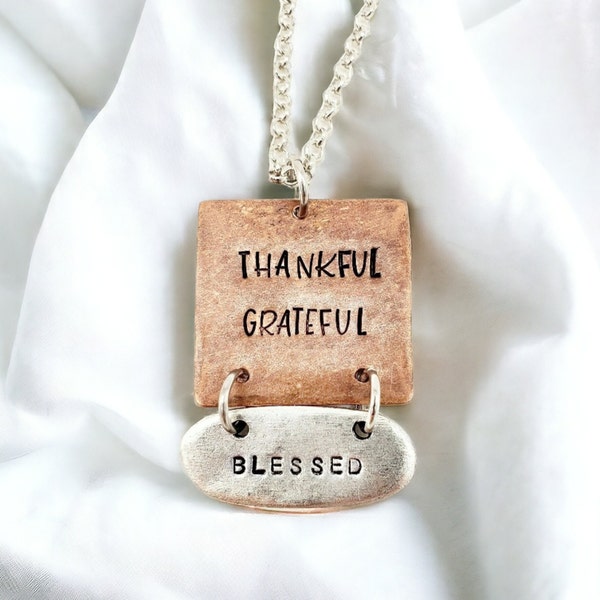 Thankful Gratefull Blessed Necklace, Hand Stamped Mixed Metal Charm Necklace, Christian Jewelry, Inspirational Necklace, Mother Necklace