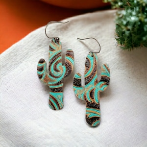 Leather Cactus Earrings, Southwestern Jewelry, Boho Earrings, Handmade Jewelry, Western Earrings, Turquoise Leather Earrings, Gift For Her