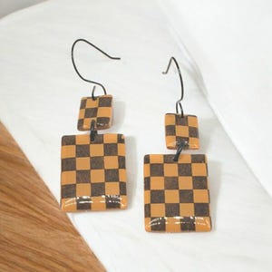 Black Checked Polymer Clay Earrings, Geometric Modern Earrings, Minimalist Jewelry, Black and Mustard Yellow Earrings, Statement Earrings