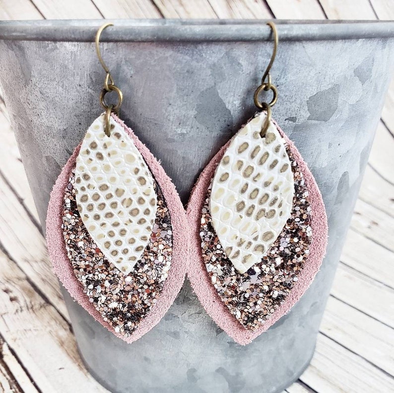 Blush Pink Leather Earrings Pink Glitter Earrings Layered Etsy