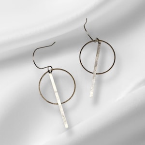 Silver and Brass Circle Earrings, Geometric Earrings, Minimalist Earrings, Modern Jewelry, Hammered Earrings, Lightweight Everyday Earrings