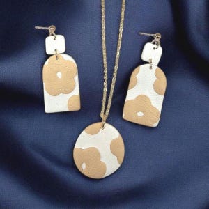 Flower Necklace and Earring Set, Polymer Clay Necklace Set, Boho Jewelry, Handmade Jewelry, Floral Jewelry, Neutral Jewelry, Gift For Her