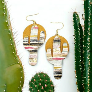 Leather Cactus Earrings, Desert Sky Cactus Leather Earrings, Southwestern Jewelry, Colorful Boho Earrings, Handmade Jewelry, Western Dangles