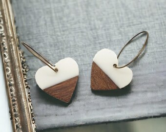 Wood and Resin Heart Earrings: Boho Minimalist Dangles