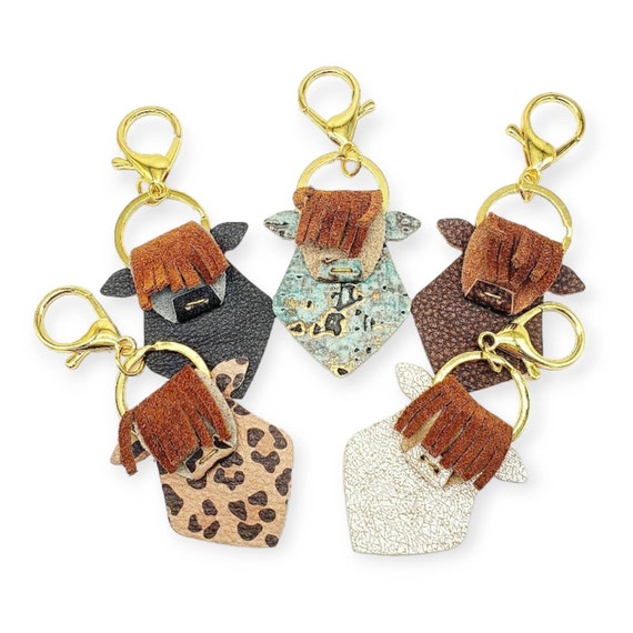 Highland Cow Keychain, Cow Keyring, Genuine Leather Keychain, Purse Bag Charm, Ranch Keychain, Western Keychain, Cute Cow Gift for Her