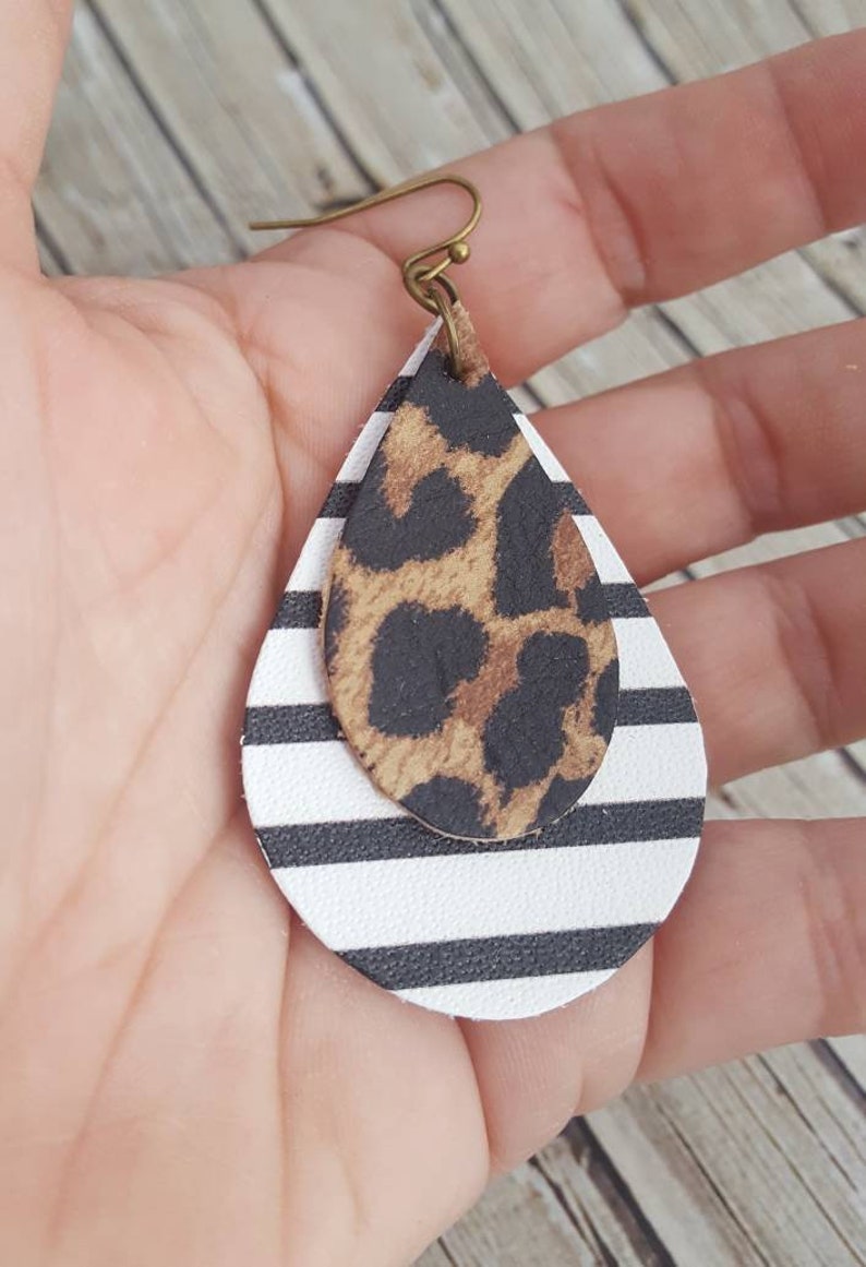 Cheetah Leather Earrings Teardrop Leather Earrings Animal Print Leather Earrings Statement Earrings Double Layered Leather Earrings