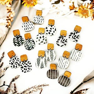 Mini Leather Backed Cork Earrings, Leather and Wood Earrings, Black and White MInimalist Earrings, Small Geometric Earrings, Boho Earrings