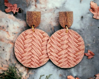 Coral Fishtail Braided Leather Earrings, Leather and Wood Earrings, Clay Woven Earrings, Geometric Circle Earrings, Handmade Jewelry Gift