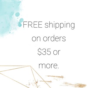 May include: Free shipping on orders of $35 or more. The text is displayed on a white background with a light blue watercolor design and gold geometric shapes.